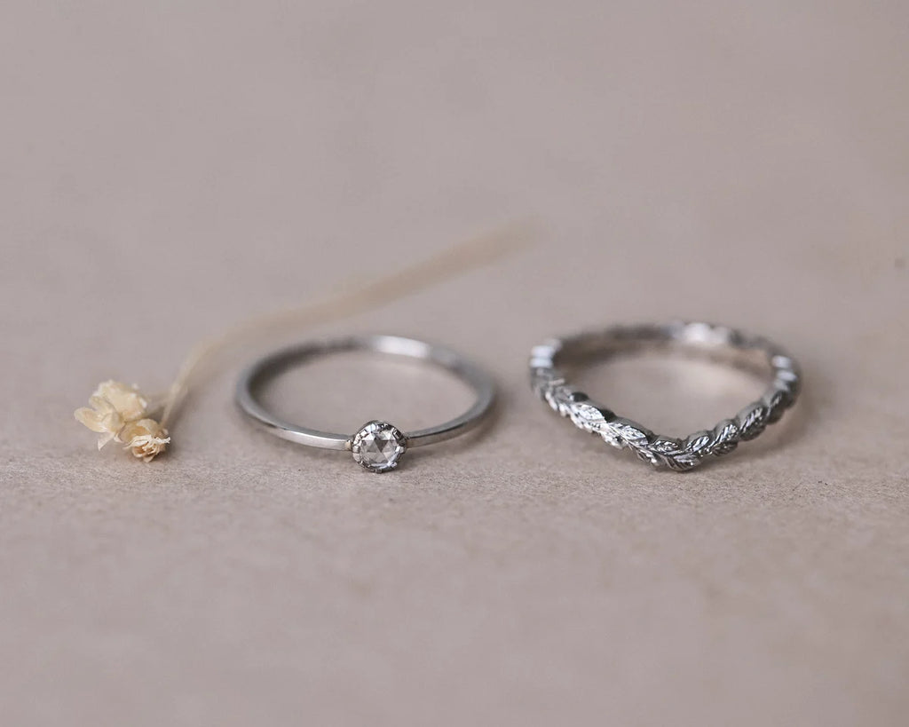 Platinum rose-cut diamond ring shown with matching wishbone band