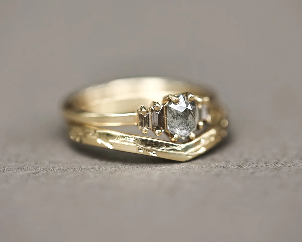 Pressed flower wishbone ring stacked with rose-cut diamond ring