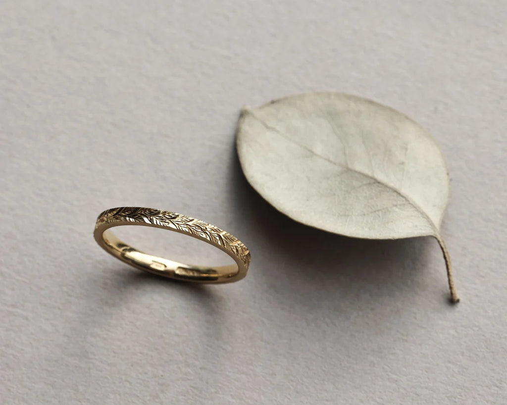 18ct yellow gold flat court ring laurel engraving minimal band