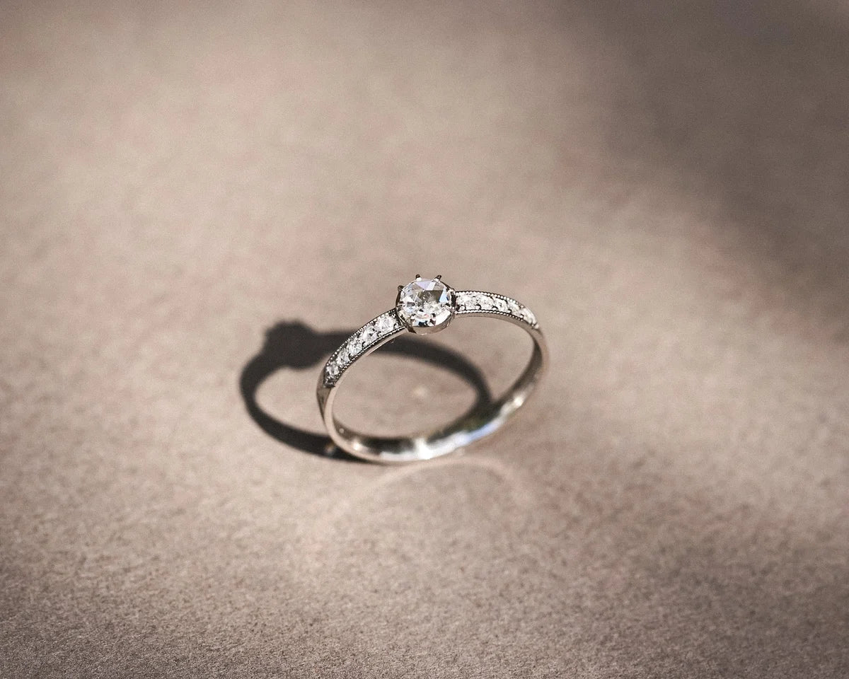 Rose-cut white diamond engagement ring handmade in London