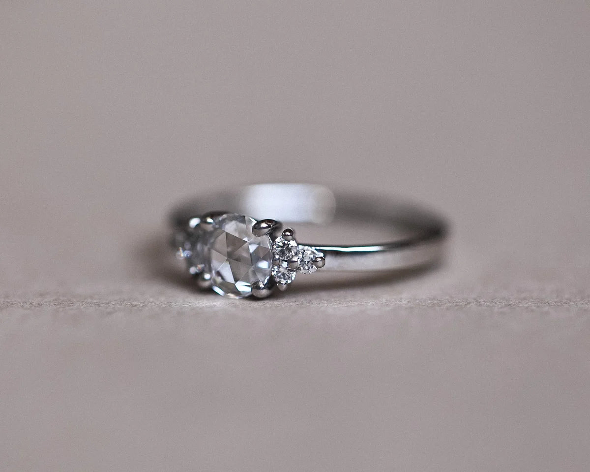 Back view of handmade platinum ring with rose-cut diamond setting