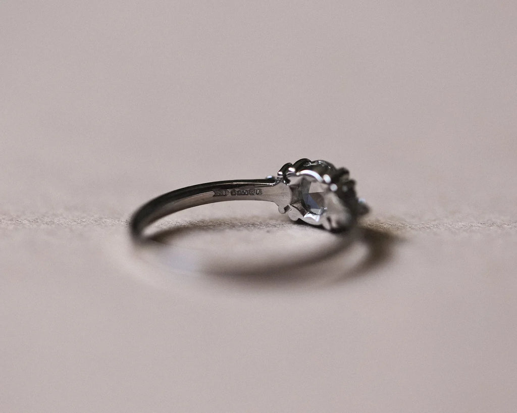 Bright editorial image of platinum rose-cut diamond ring