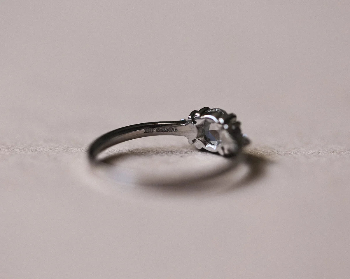 Bright editorial image of platinum rose-cut diamond ring