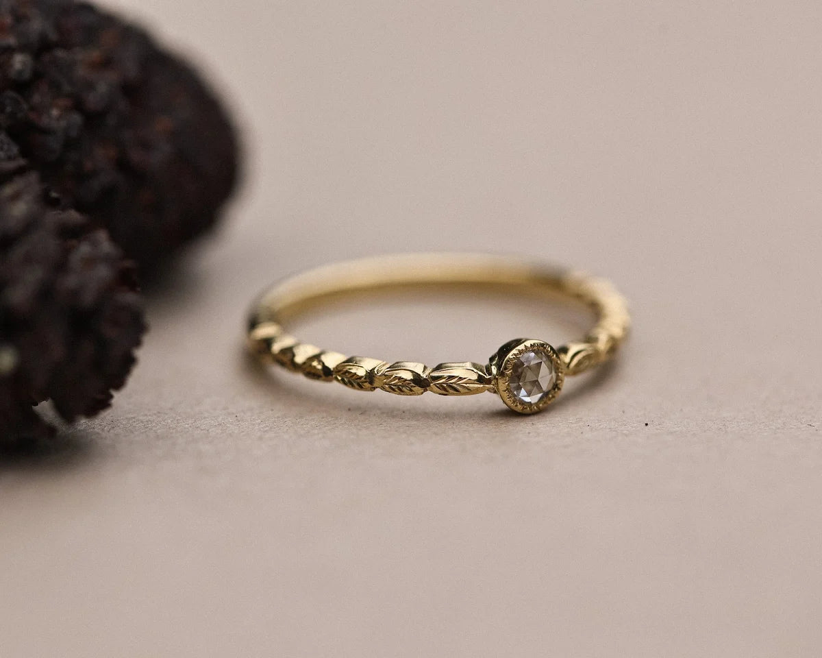 3mm rose-cut diamond laurel leaf ring in 18ct yellow gold
