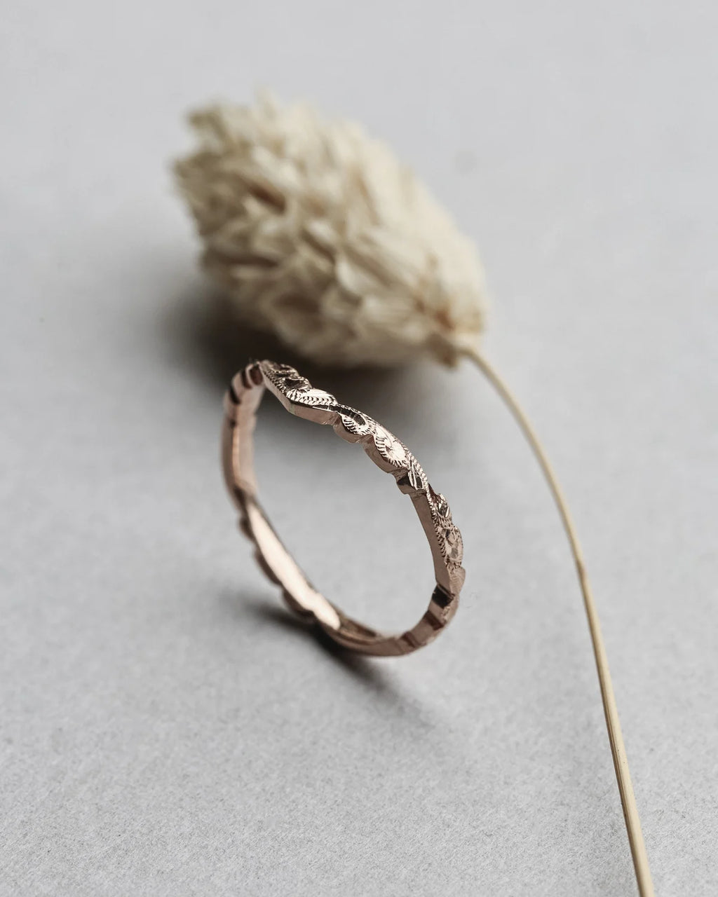 fine 2mm rose gold band carved floral ring side view