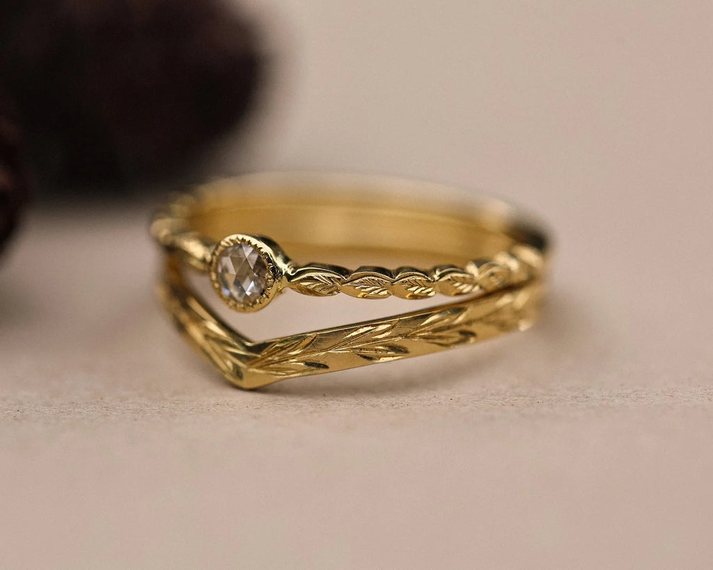 18ct yellow gold rose-cut diamond ring stacked with engraved wishbone band
