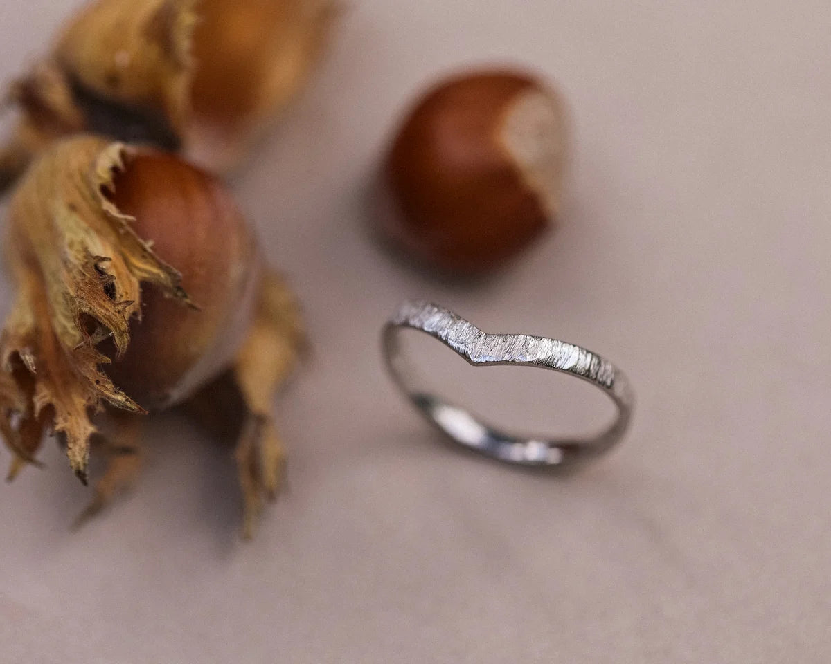 Minimal 2mm platinum horn texture wishbone ring with natural styling