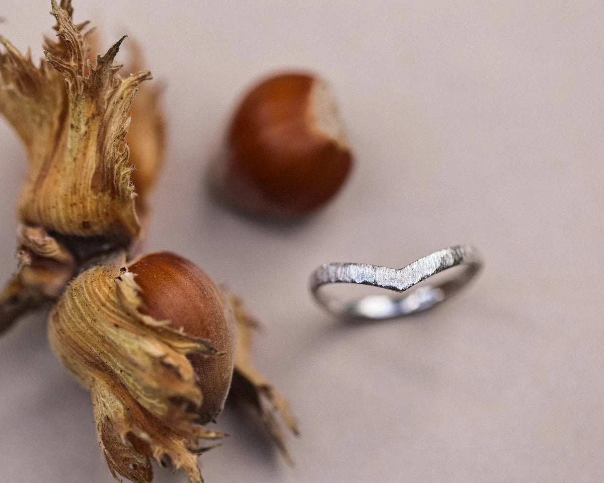 Handmade platinum horn texture wishbone ring with autumn botanical detail