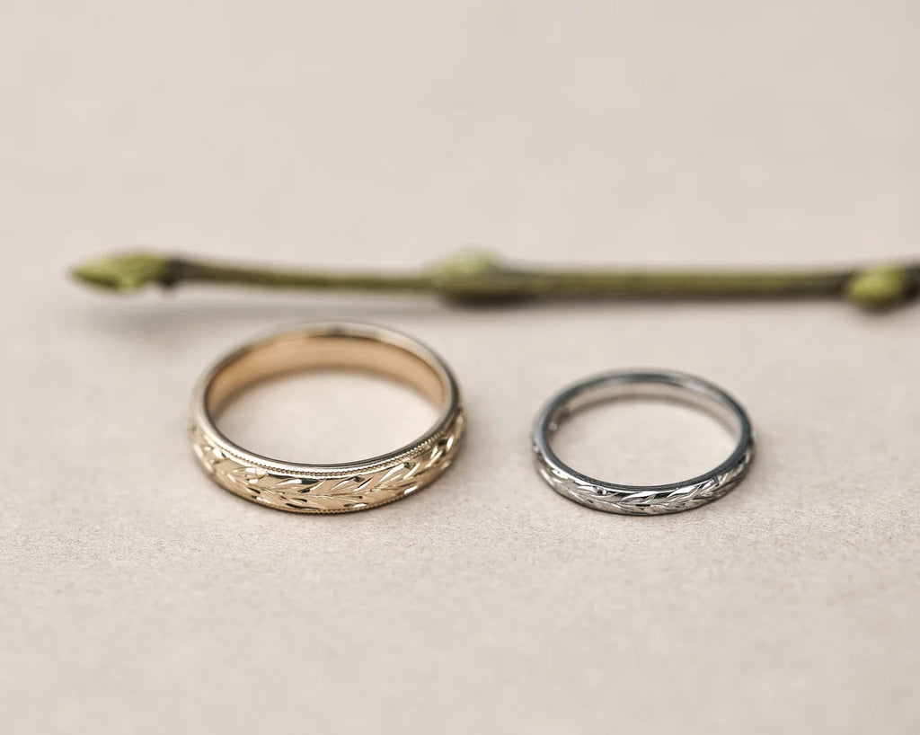 9ct yellow gold olive leaf wedding ring paired with white gold band