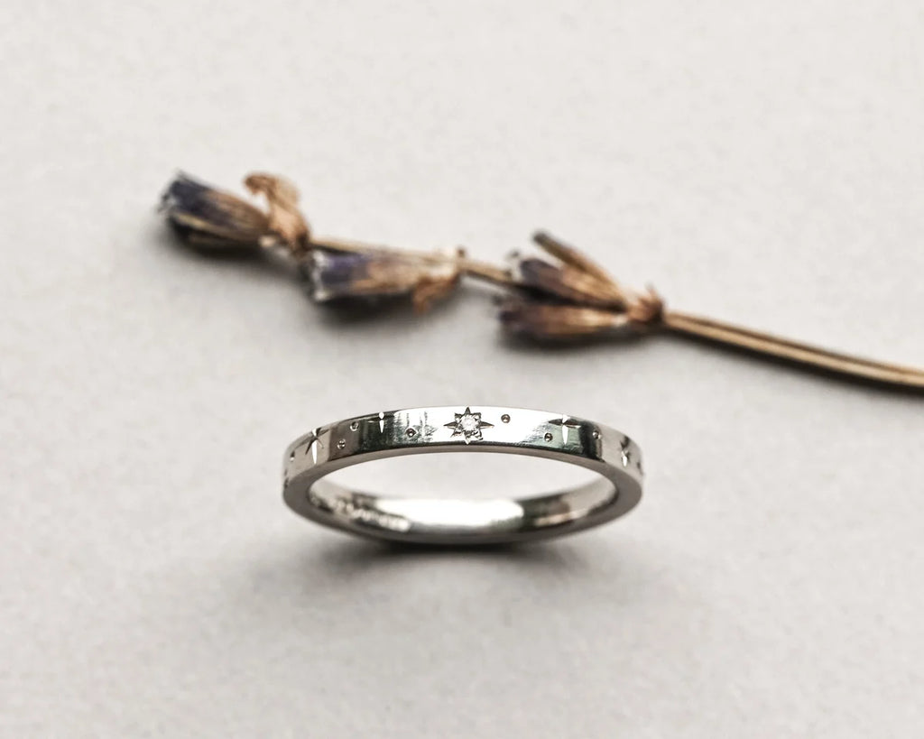 star set diamond wedding ring platinum 2mm flat court flush setting handmade London