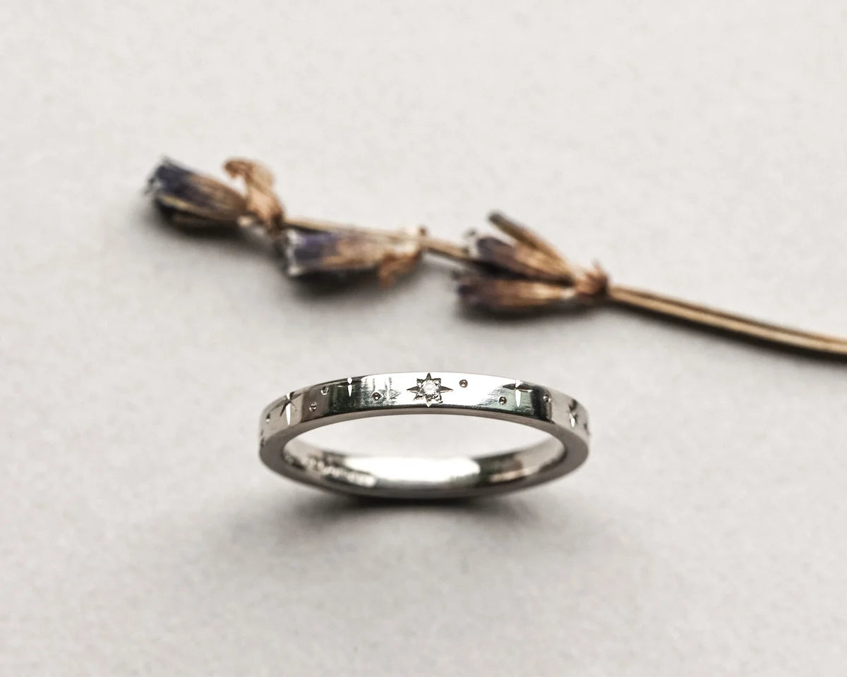 star set diamond wedding ring platinum 2mm flat court flush setting handmade London