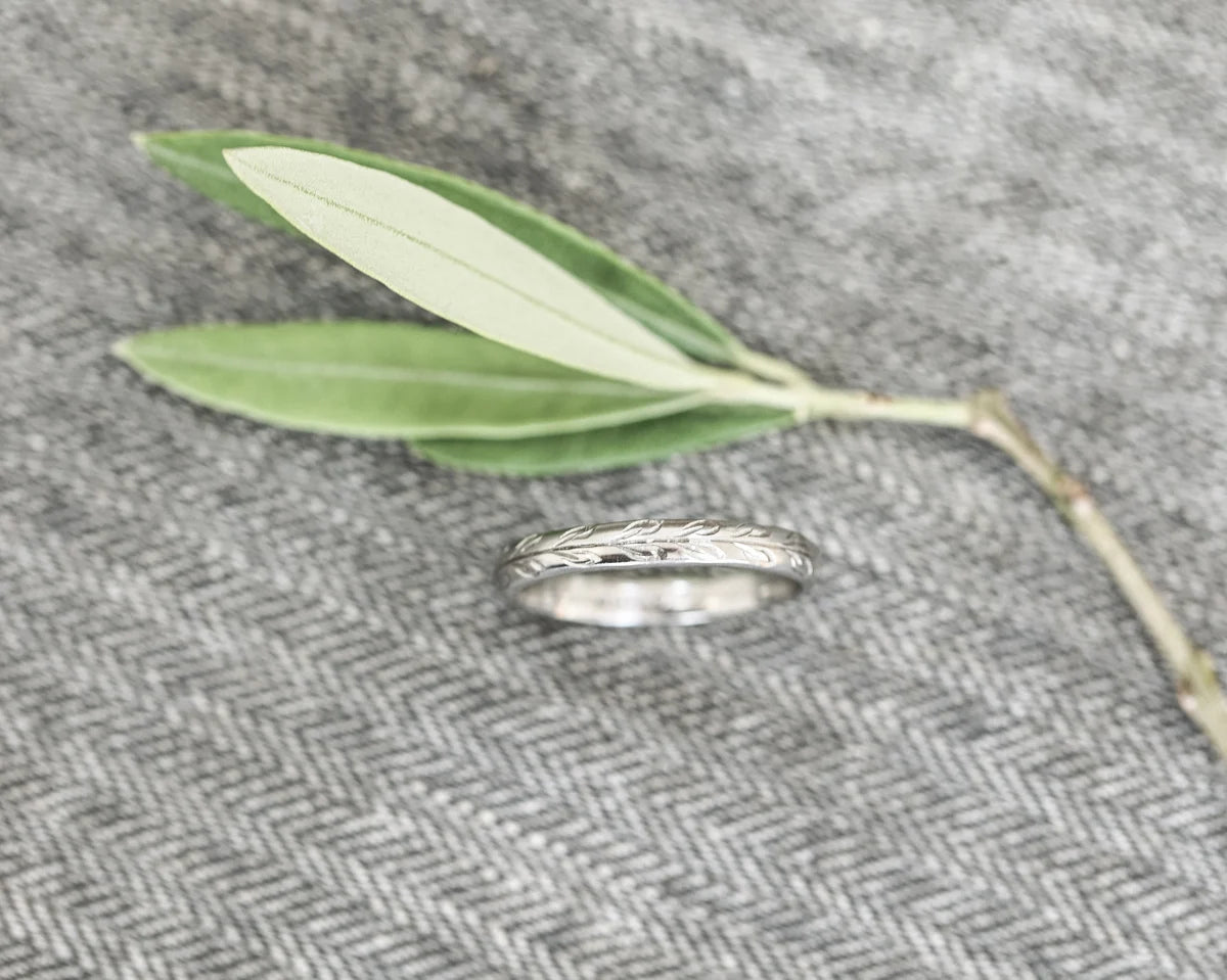 platinum wedding band 3mm olive leaf design minimalist ring