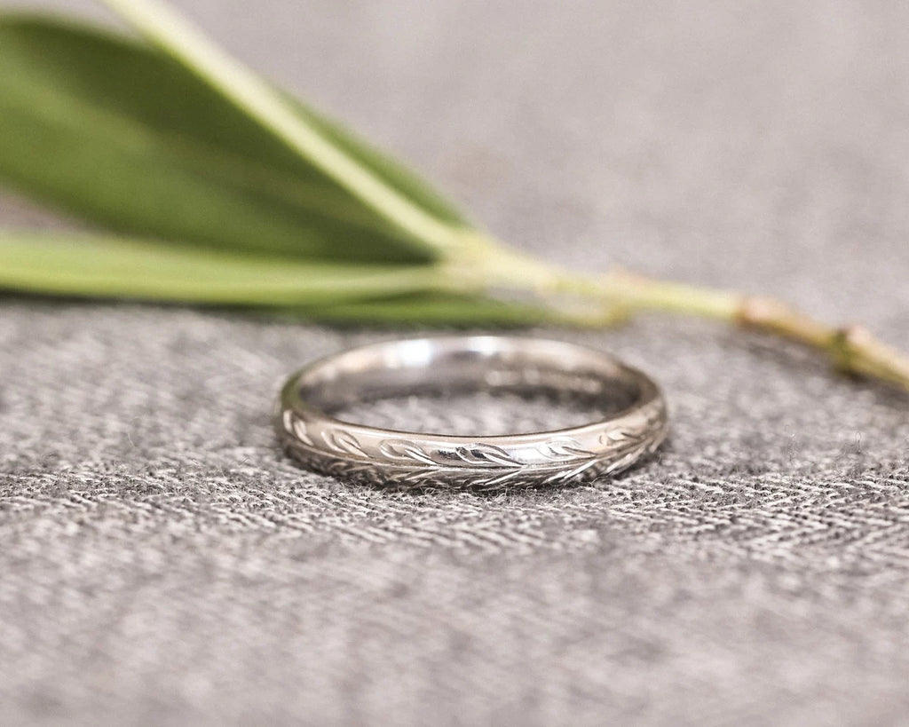 3mm olive leaf engraved wedding ring in platinum