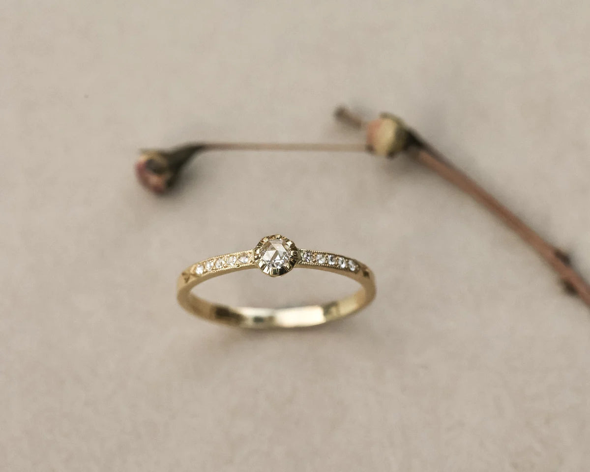 A delicate yellow gold ring with a central round-cut diamond and small pavé diamonds along the band, resting on a textured beige surface with a blurred dried flower stem in the background.