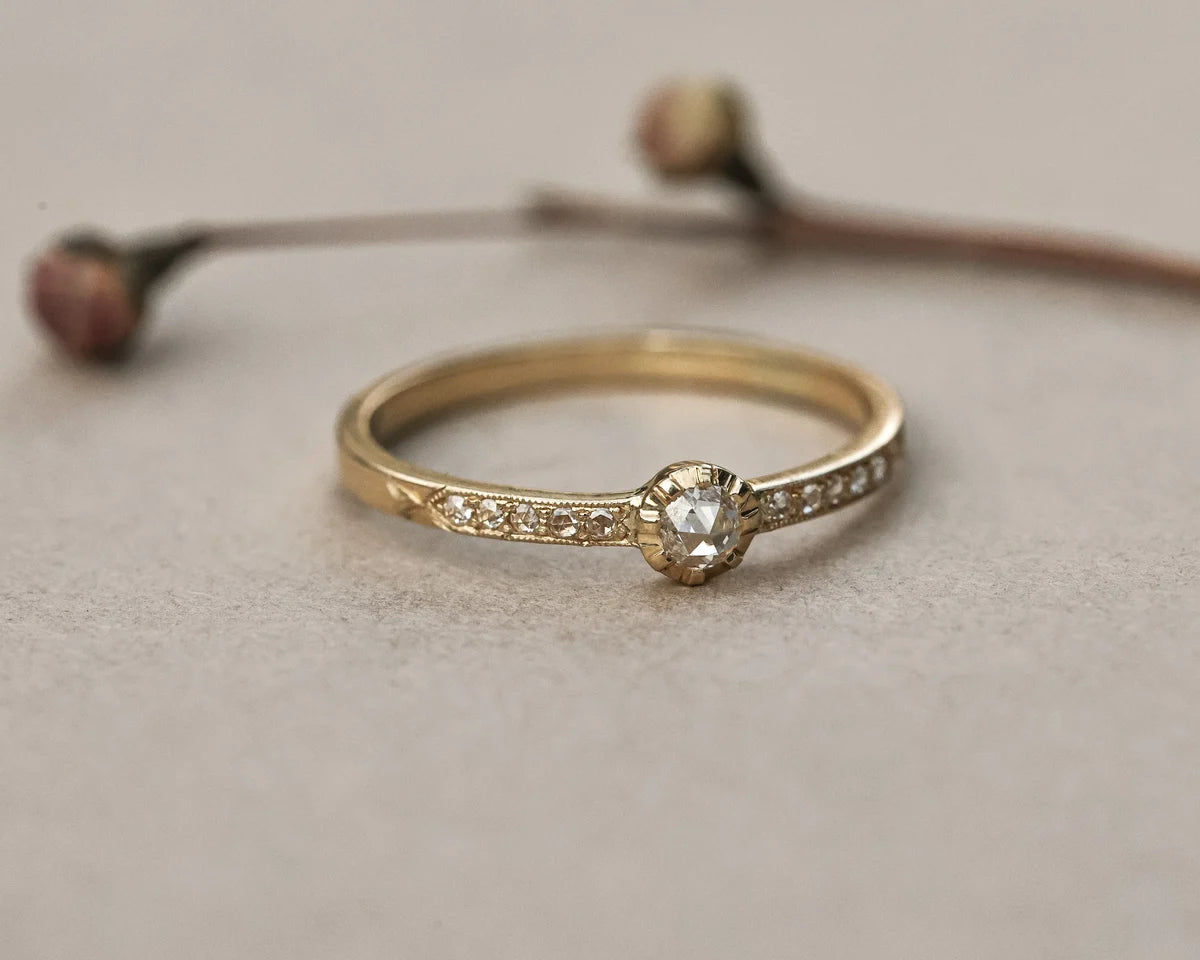 A vintage-style yellow gold ring with a single round-cut clear gemstone and small pavé-set diamonds along the band, resting on a textured neutral surface with blurred botanical stems in the background.
