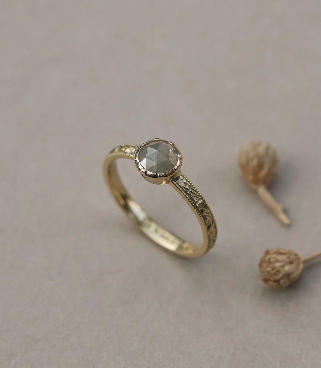 18ct yellow gold pale grey diamond ring with botanical styling