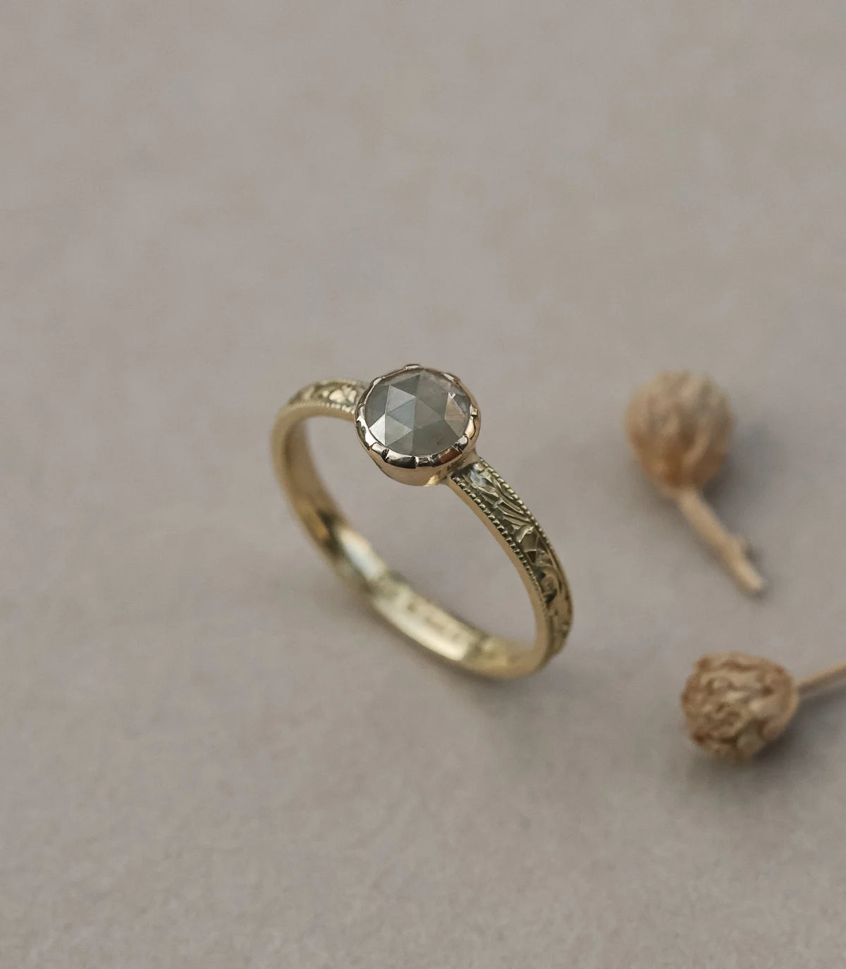 18ct yellow gold pale grey diamond ring with botanical styling