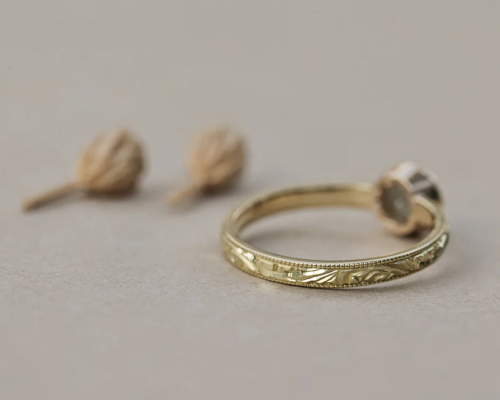 Back view of 18ct yellow gold floral engraved diamond ring