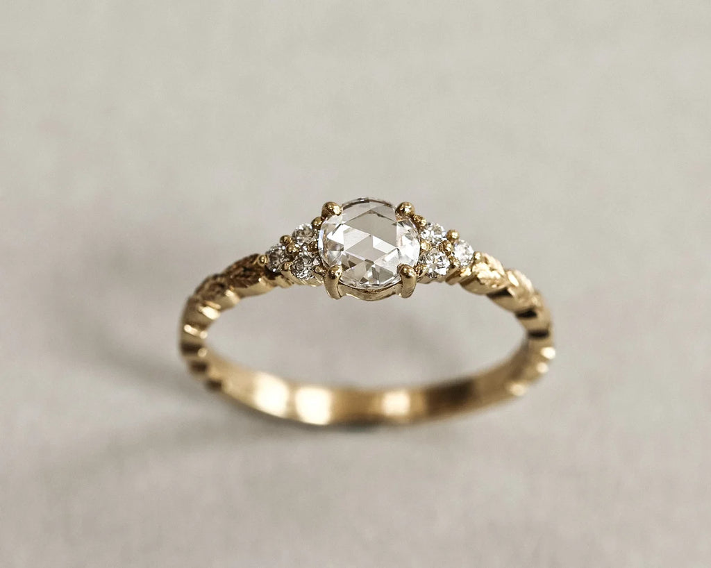Back view of 18ct yellow gold laurel leaf diamond ring