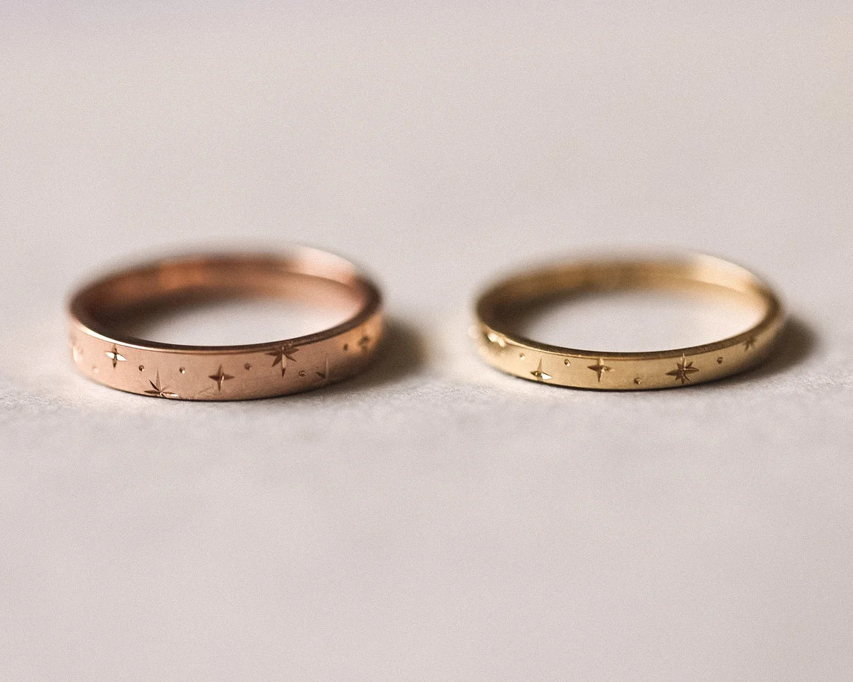 Matching star set diamond eternity rings in rose gold and yellow gold