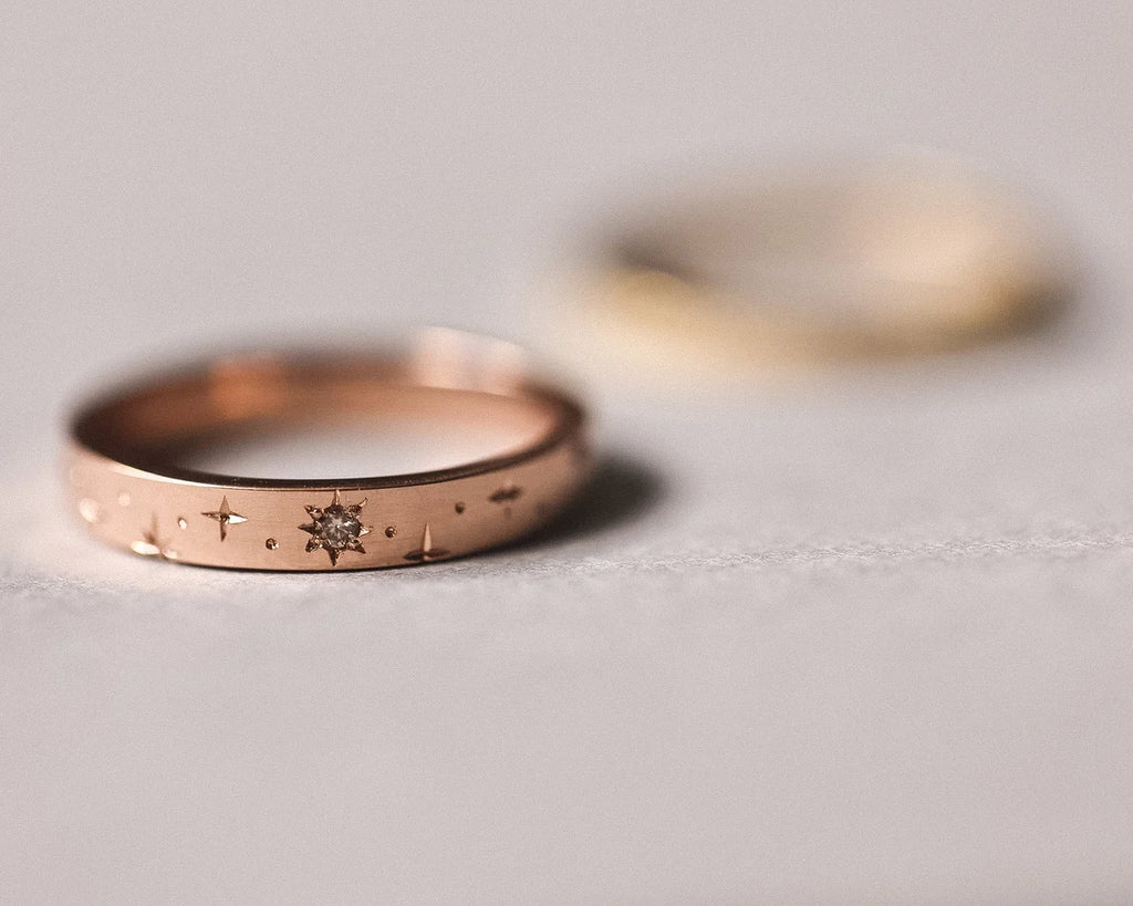 Angled view of rose gold star set diamond eternity ring