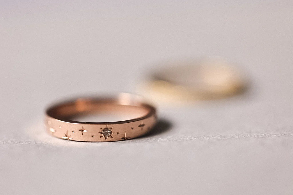 Minimal rose gold eternity ring with champagne diamond star setting