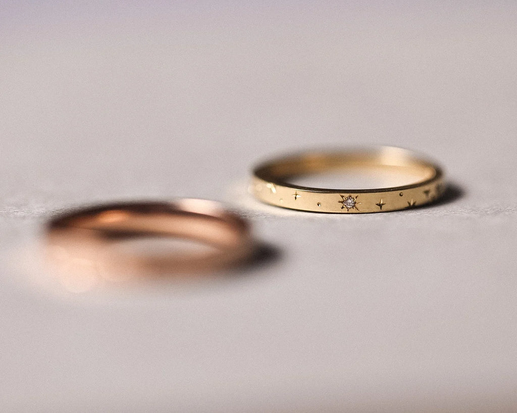 18ct rose gold and yellow gold star set diamond rings shown together