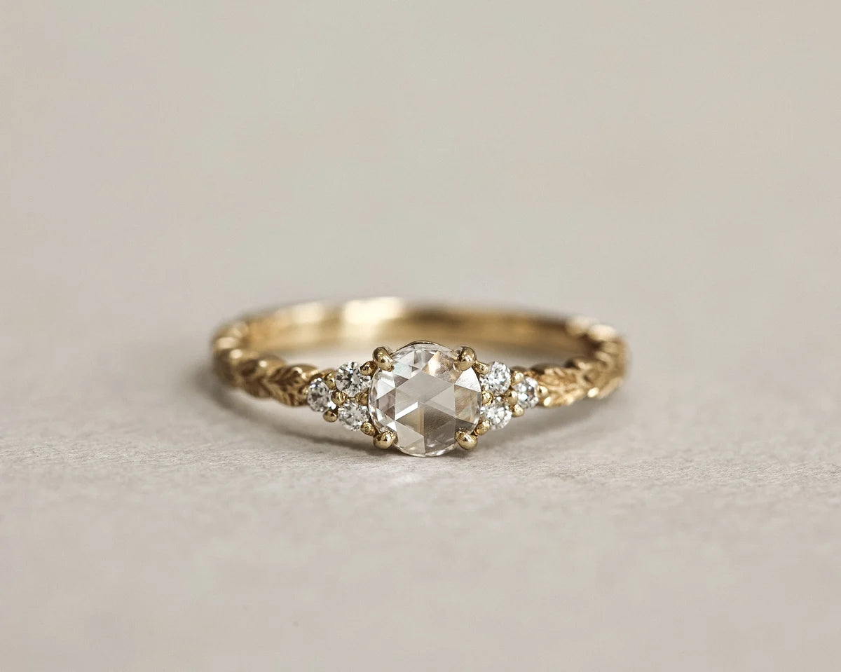 Low front view of 18ct yellow gold rose-cut diamond ring
