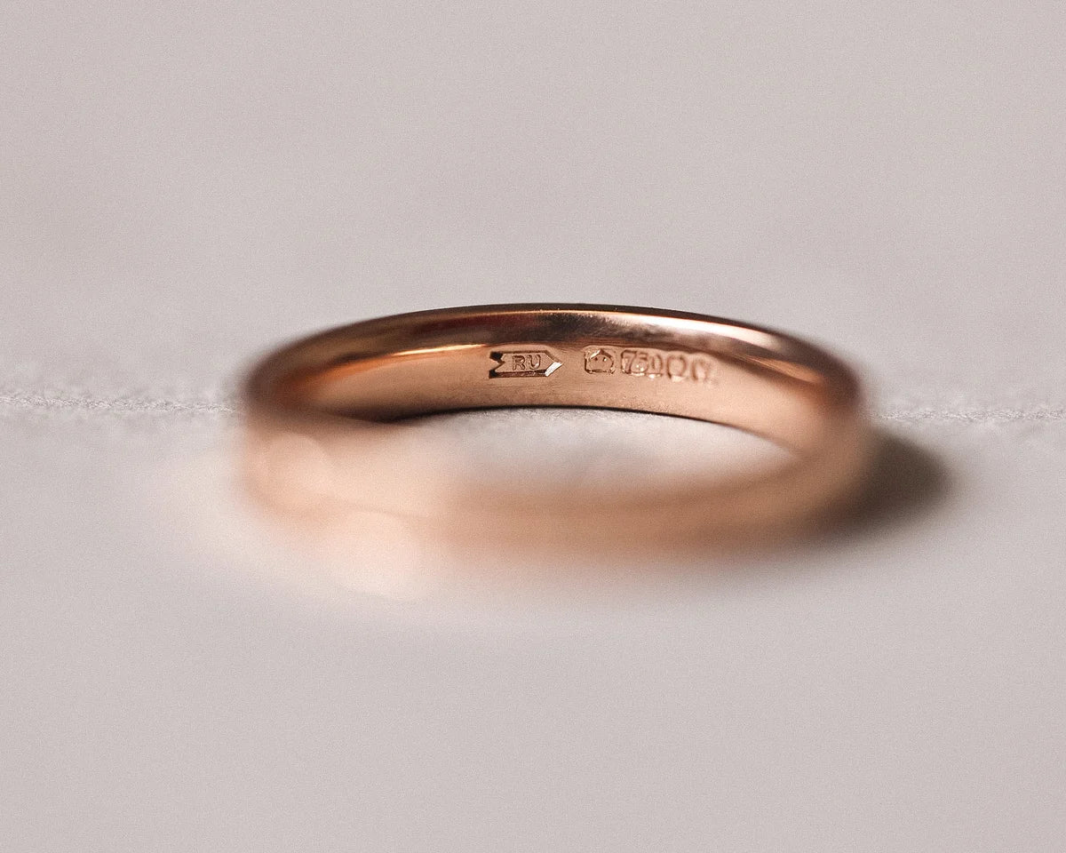 Inside view of 18ct rose gold eternity ring with hallmark