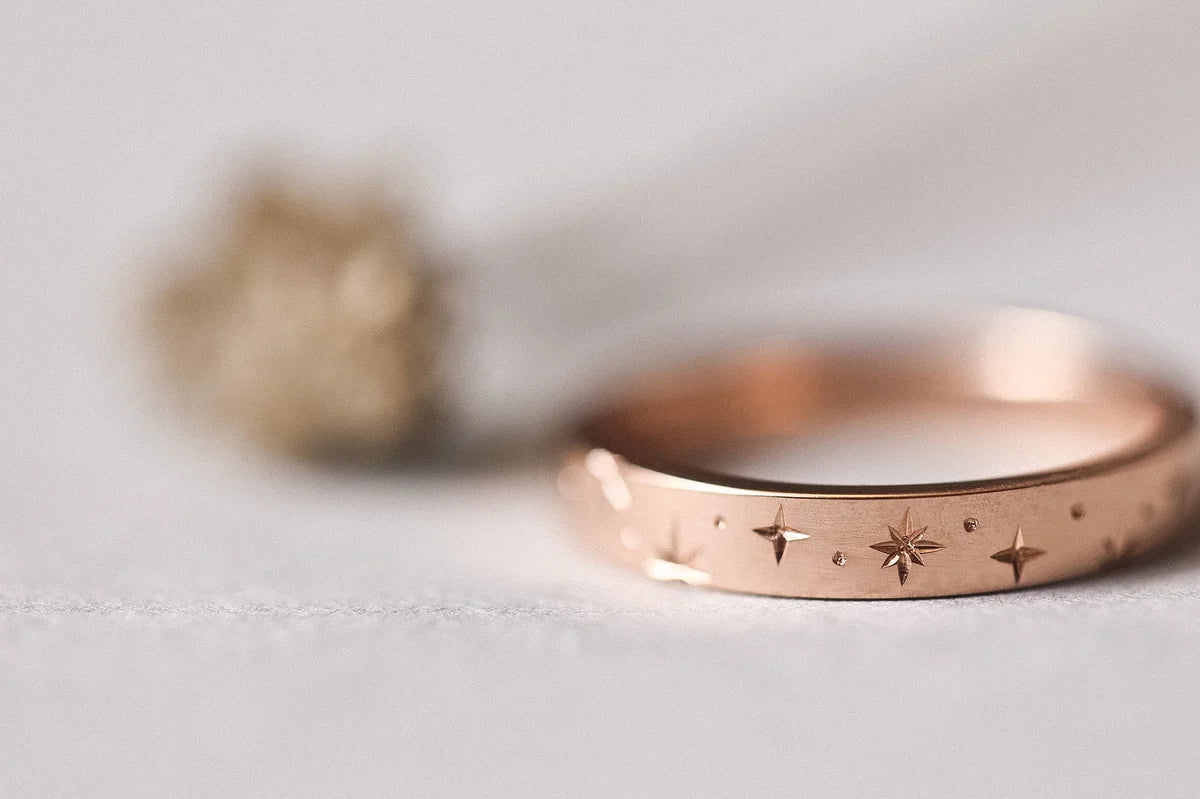 18ct rose gold eternity ring with engraved stars and champagne diamond