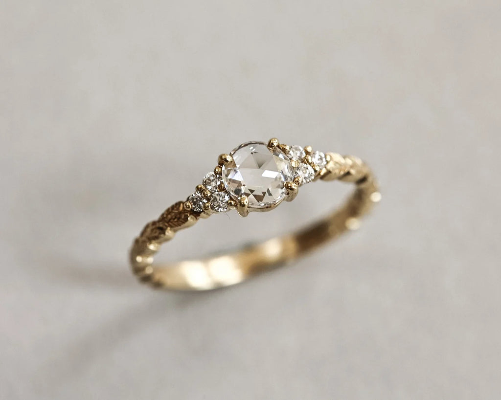 5mm rose-cut diamond laurel leaf ring in 18ct yellow gold
