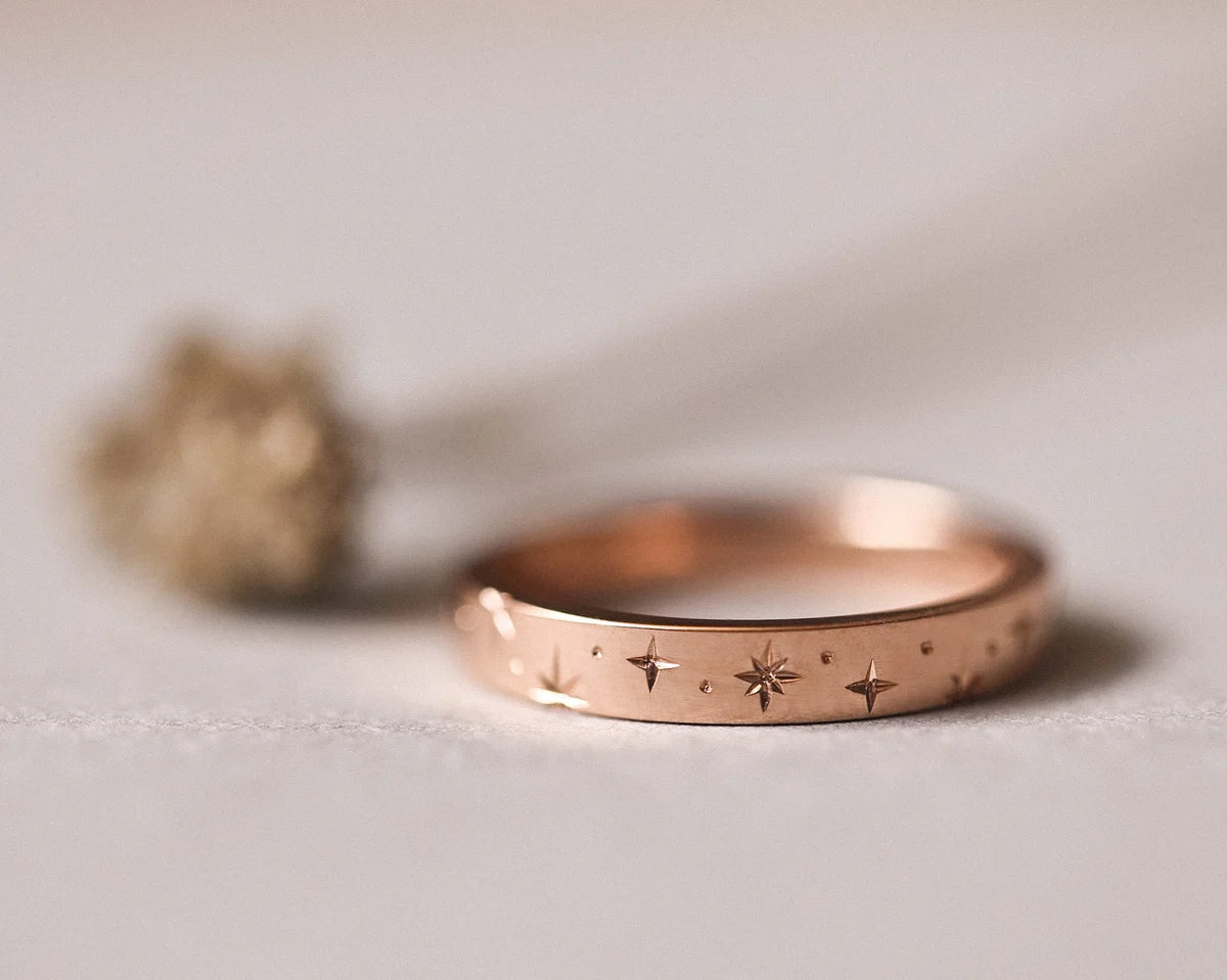 Low front view of rose gold star set diamond eternity ring