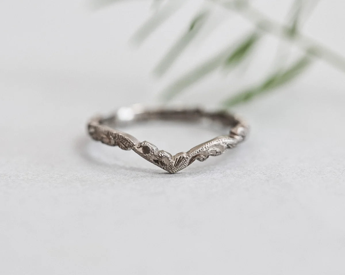 floral carved wishbone wedding ring 18ct white gold 2mm handmade London