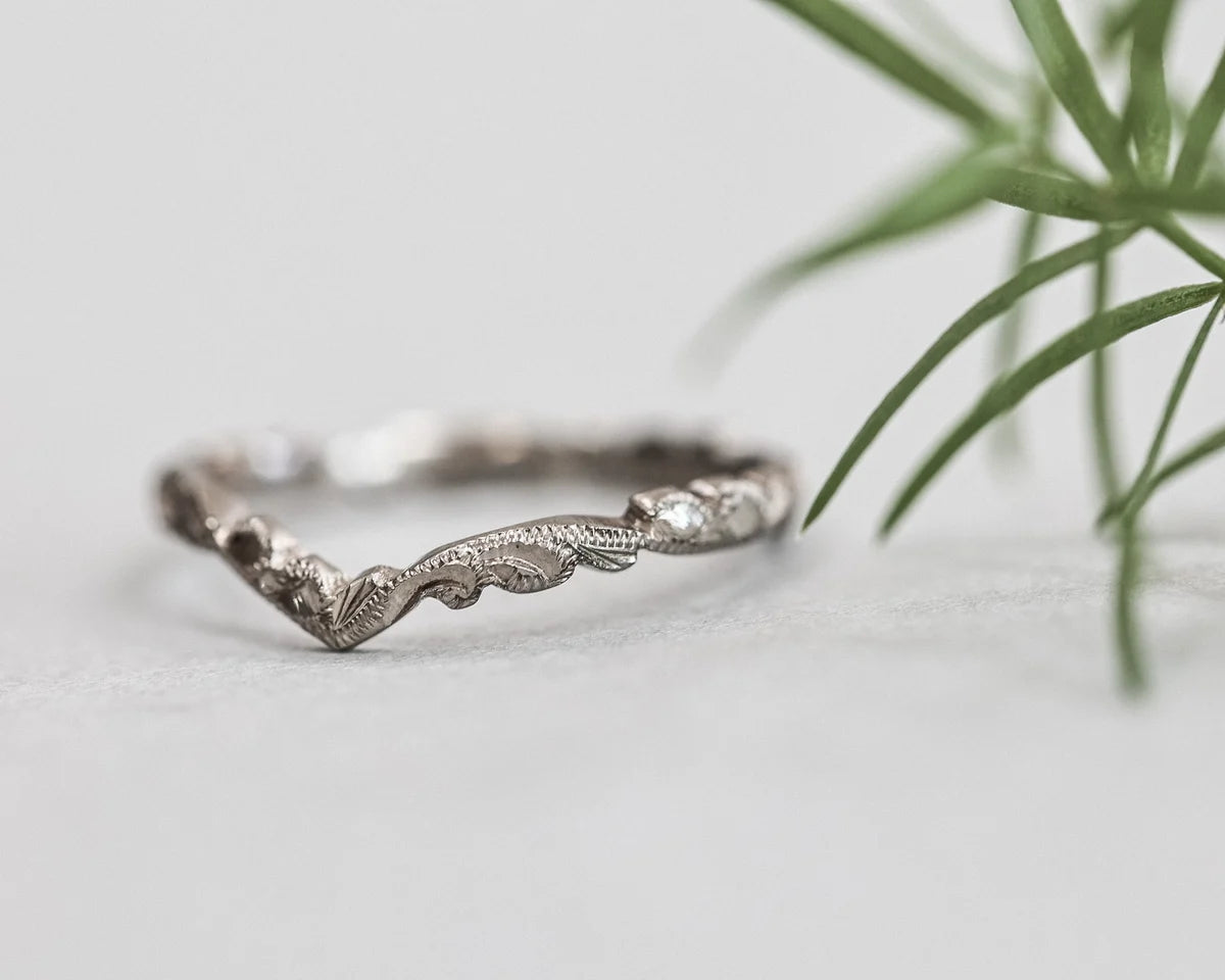 wishbone V shape band detail engraved floral ring white gold
