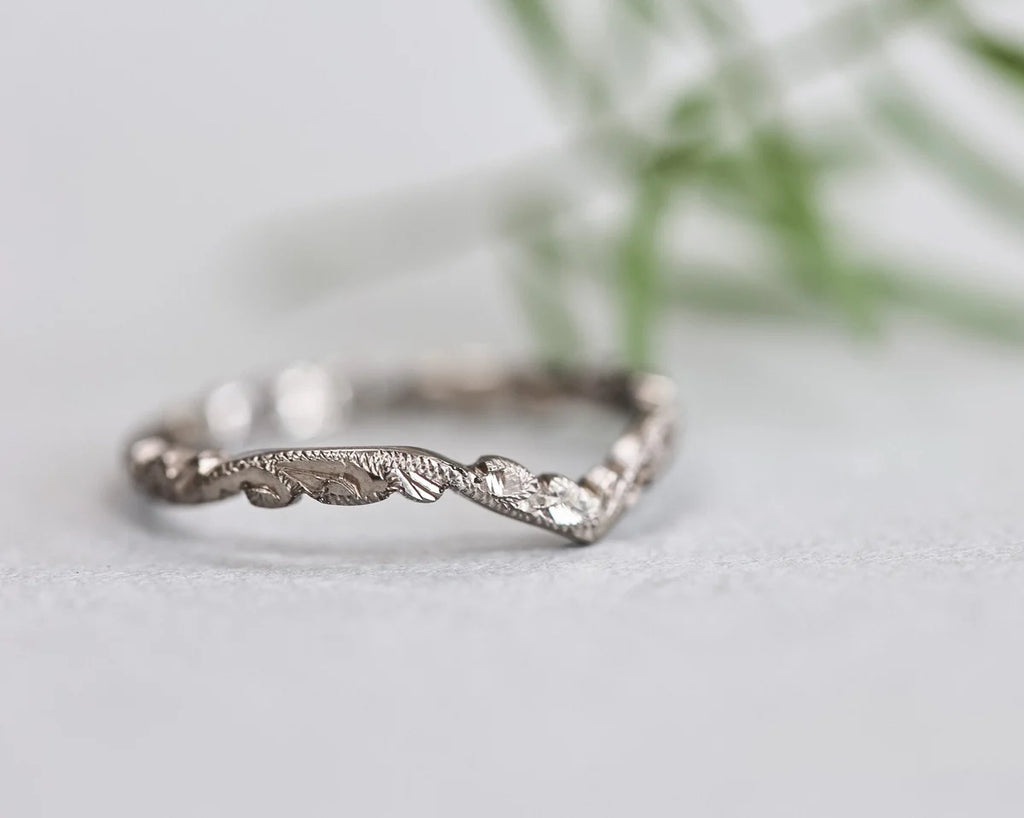 wishbone wedding ring worn with engagement ring 18ct white gold