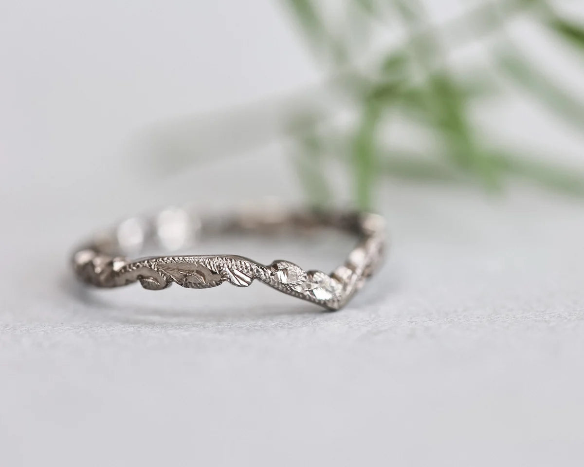 wishbone wedding ring worn with engagement ring 18ct white gold