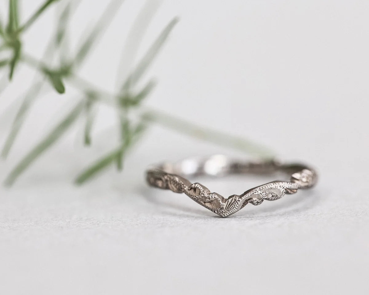 White gold  engraved wishbone V shape ring handcrafted in London 