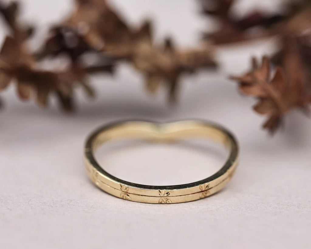 2mm Cleavers Engraved Wishbone Wedding Ring in 18ct Yellow Gold