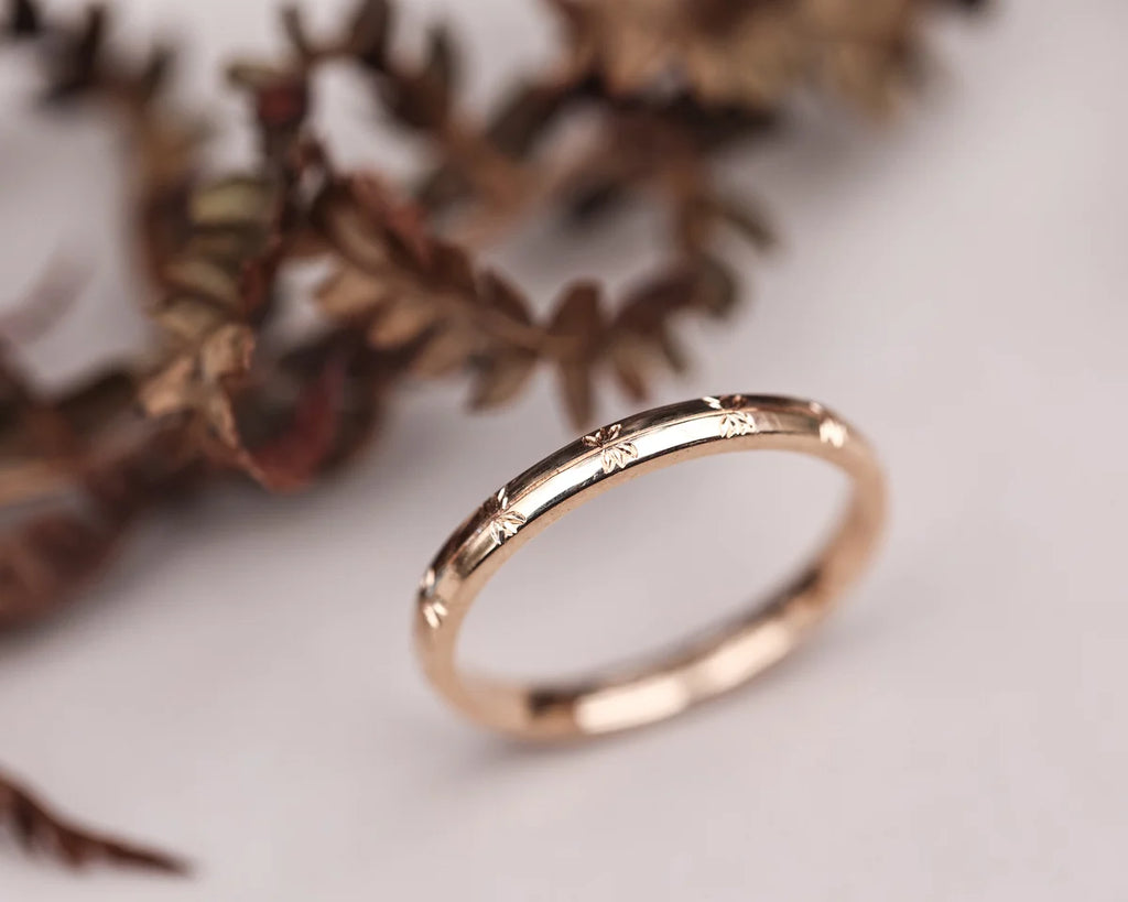 fine 2mm engraved wedding band rose gold organic cleavers design