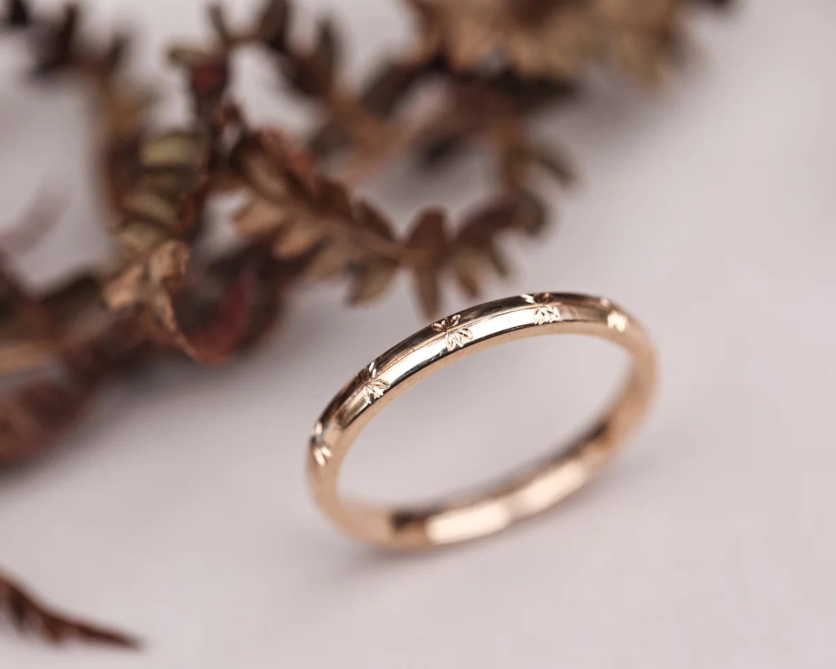 fine 2mm engraved wedding band rose gold organic cleavers design
