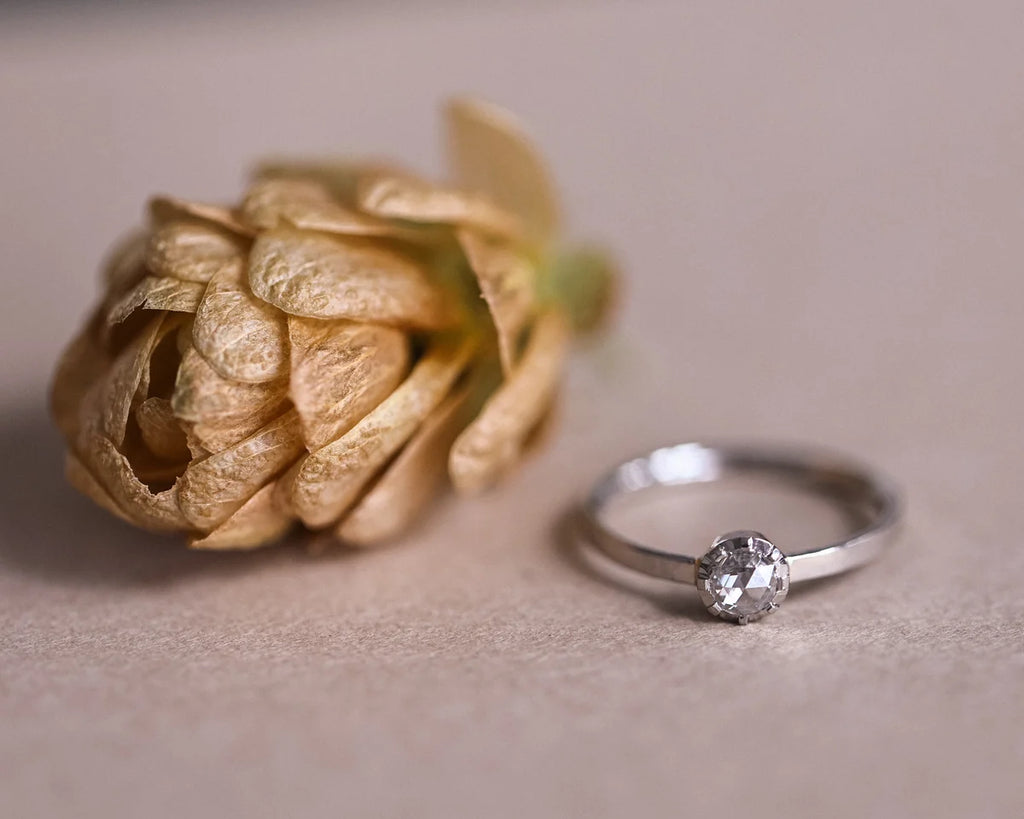 Platinum rose-cut diamond ring photographed beside dried botanical detail
