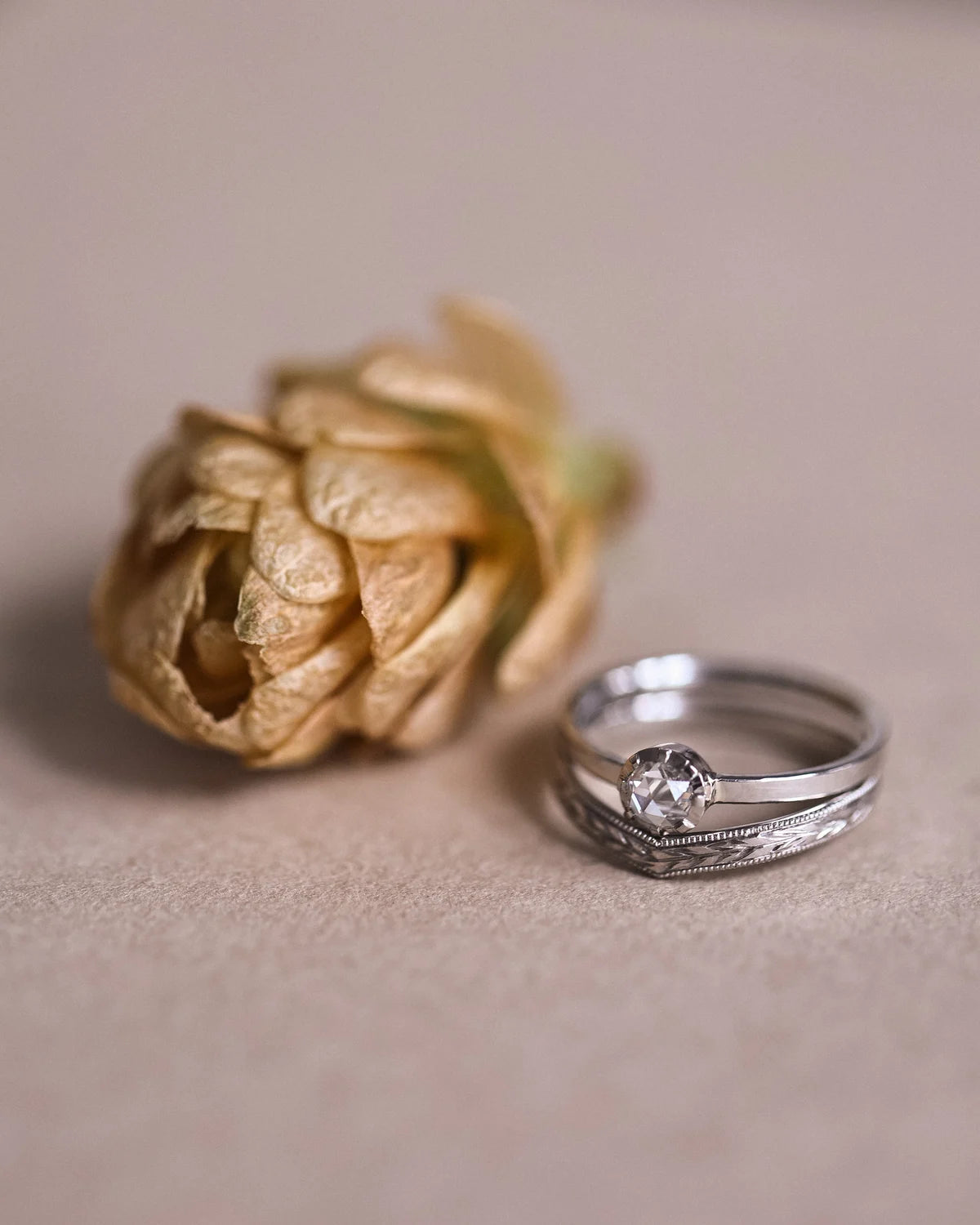 Rose-cut diamond ring in platinum shown beside dried flower