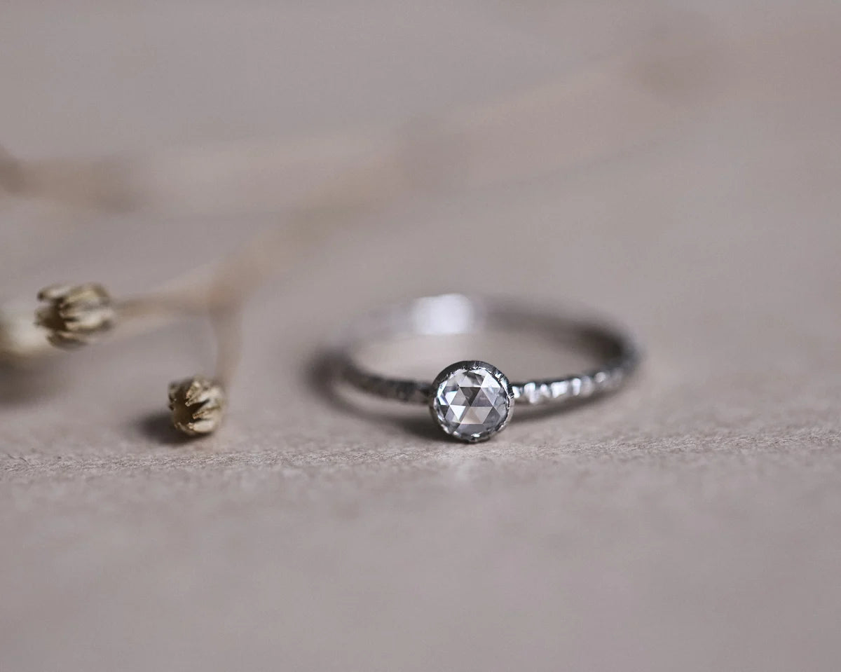 4mm rose-cut diamond faceted ring in platinum
