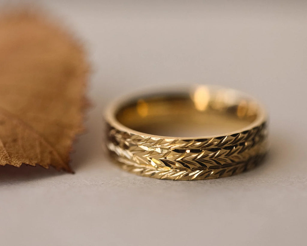 6mm herringbone engraved flat court wedding ring in 18ct yellow gold