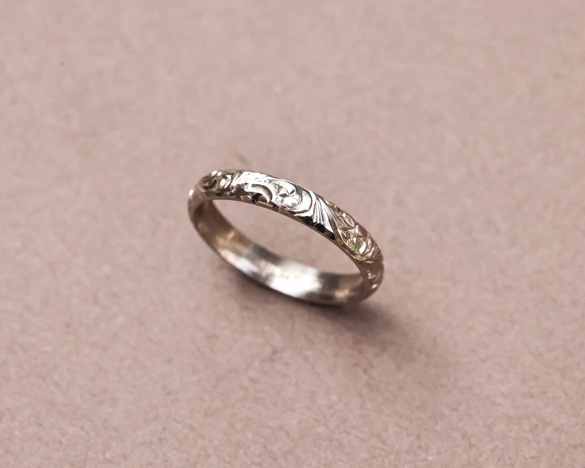 3mm floral engraved wedding ring in 18ct white gold