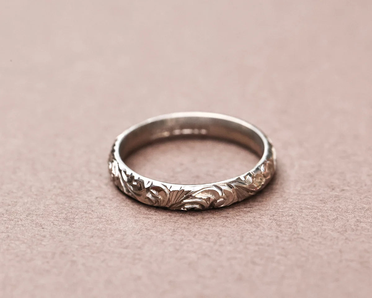 Minimal 3mm floral engraved wedding ring in 18ct white gold