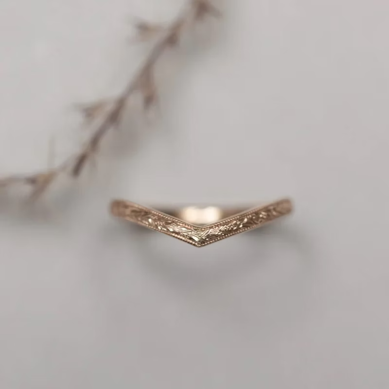 floral engraved wishbone wedding ring 18ct rose gold 2mm handmade London