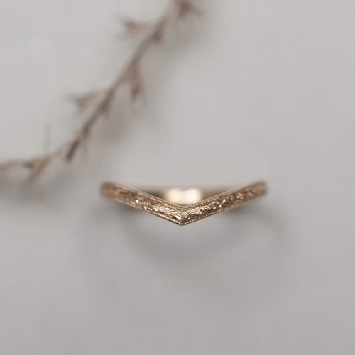 floral engraved wishbone wedding ring 18ct rose gold 2mm handmade London