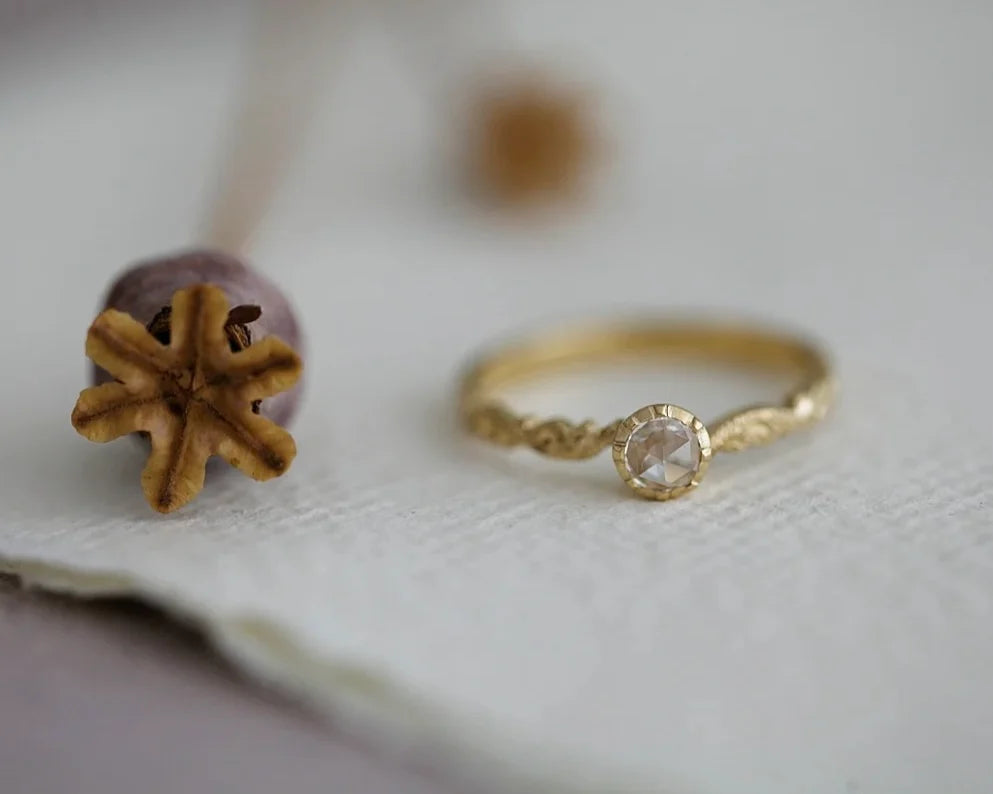 rose cut diamond ring floral carved band 18ct gold 4mm handmade London