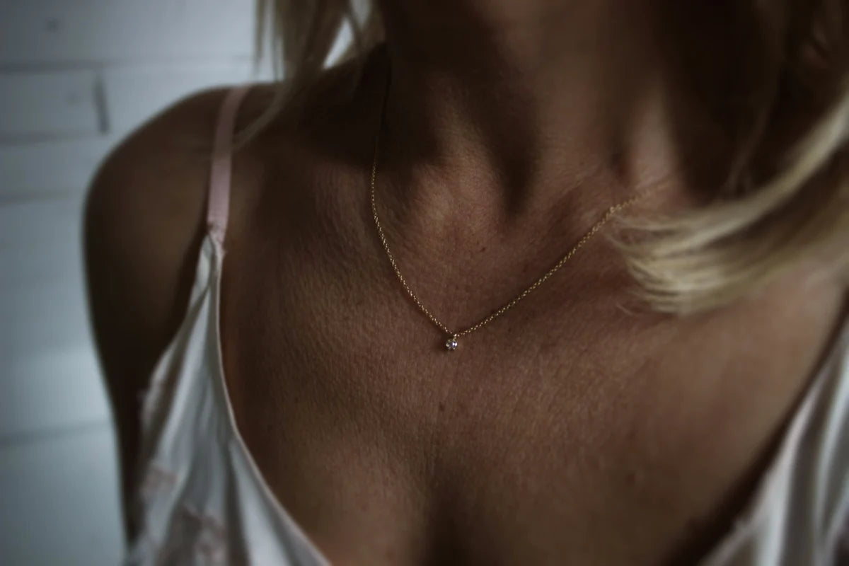 rose cut diamond necklace worn on neck 18ct gold